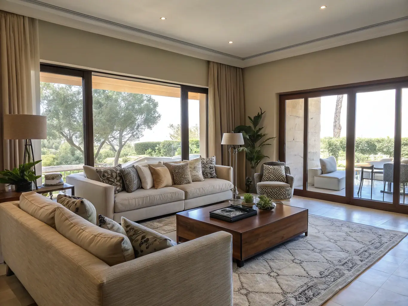 A beautifully staged living room showcasing modern furniture and decor, highlighting the transformation process for Marip's Property Transformation service.